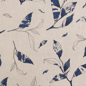 [국산린넨] 대폭 바다향 나뭇잎 린넨 프린트원단 - 블루 (1/2Yd)