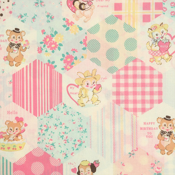 [유와] 마츠야마 아츠코 돌 돌 애니멀 헥사곤 셔팅 프린트원단 - 파스텔핑크 (1/4yd) (D02)AT801896-E (개)