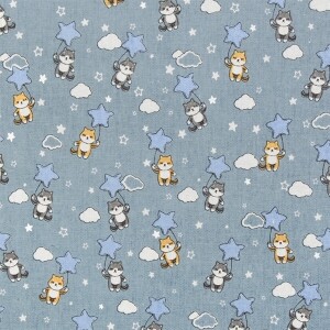 [국산린넨] 대폭 해피퍼피 린넨 프린트원단 - 블루 (1/2Yd)